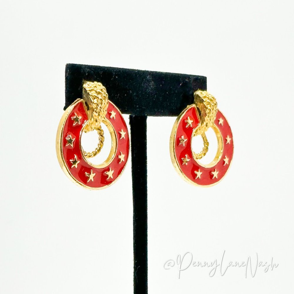 Vintage Golden Star in Red Bulls Eye Earrings - Picture 2 of 9